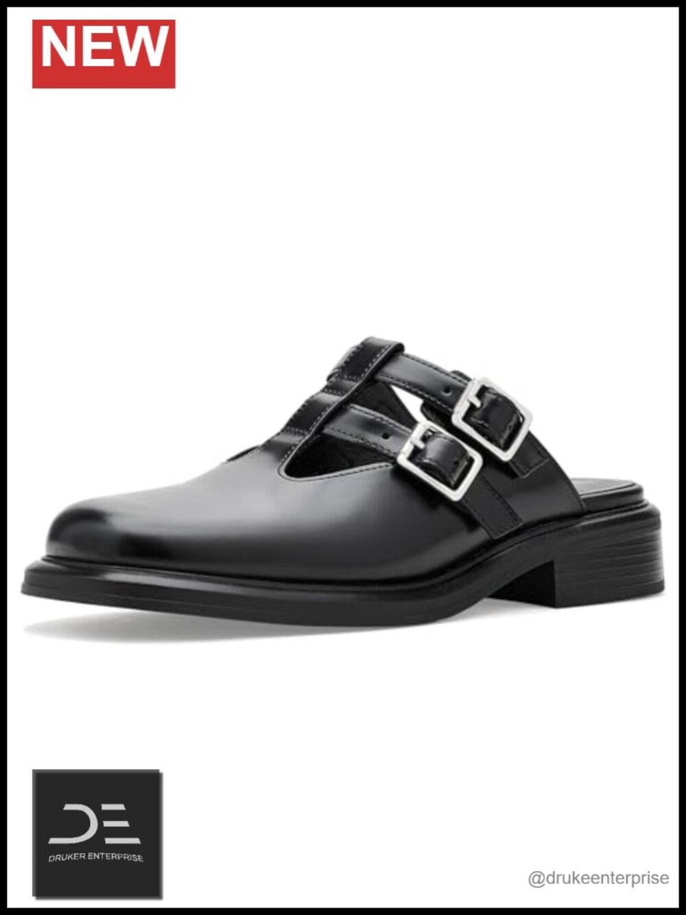Leather Square Toe Block Heel Mules Ankle Strap Buckle